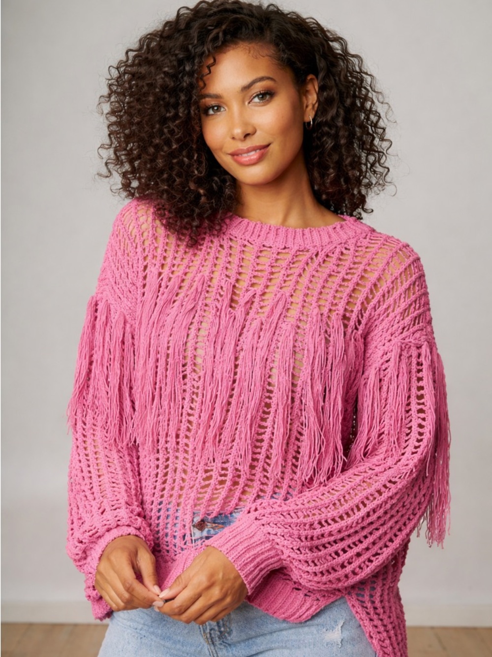 Fantastic Fawn Open-Knit Fringe Sweater — Fuchsia Pink